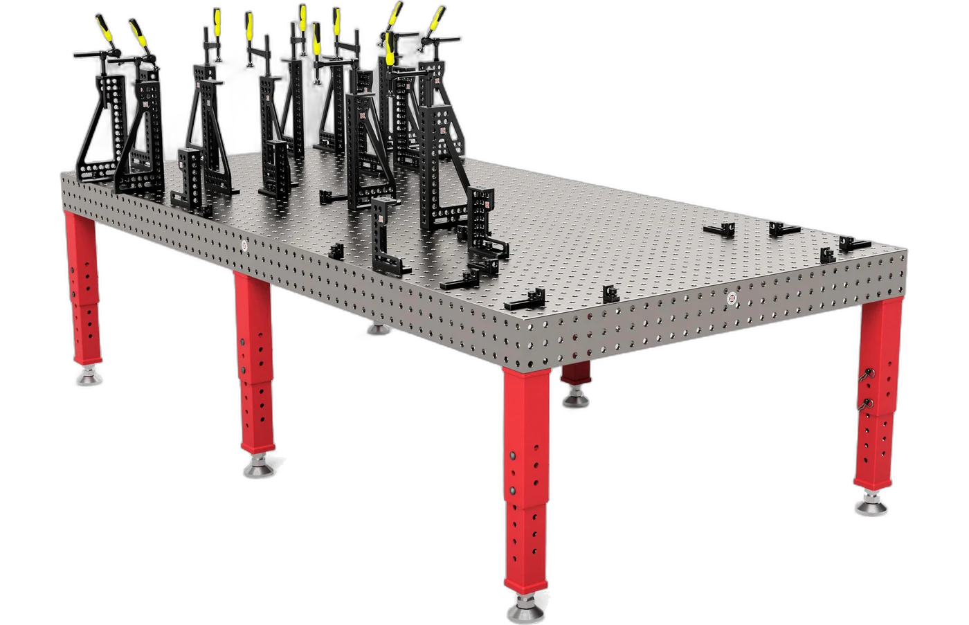 FabSLAB 3D welding table set up with clamps, angles and stops